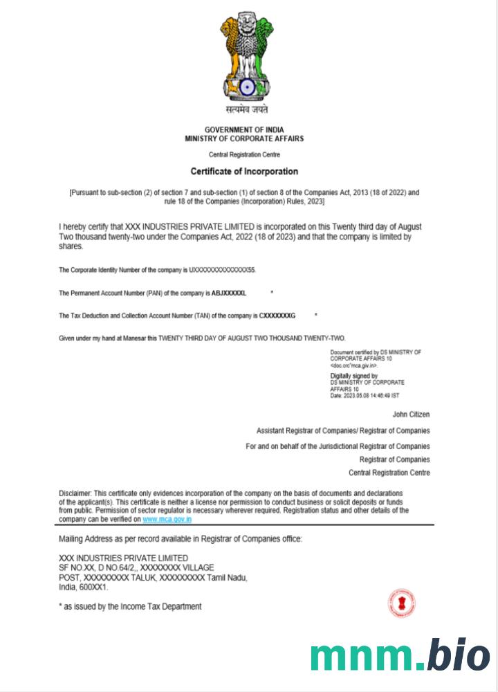 India vcertyfikat of inkorporacja registration Word i szablon PDF, version 2